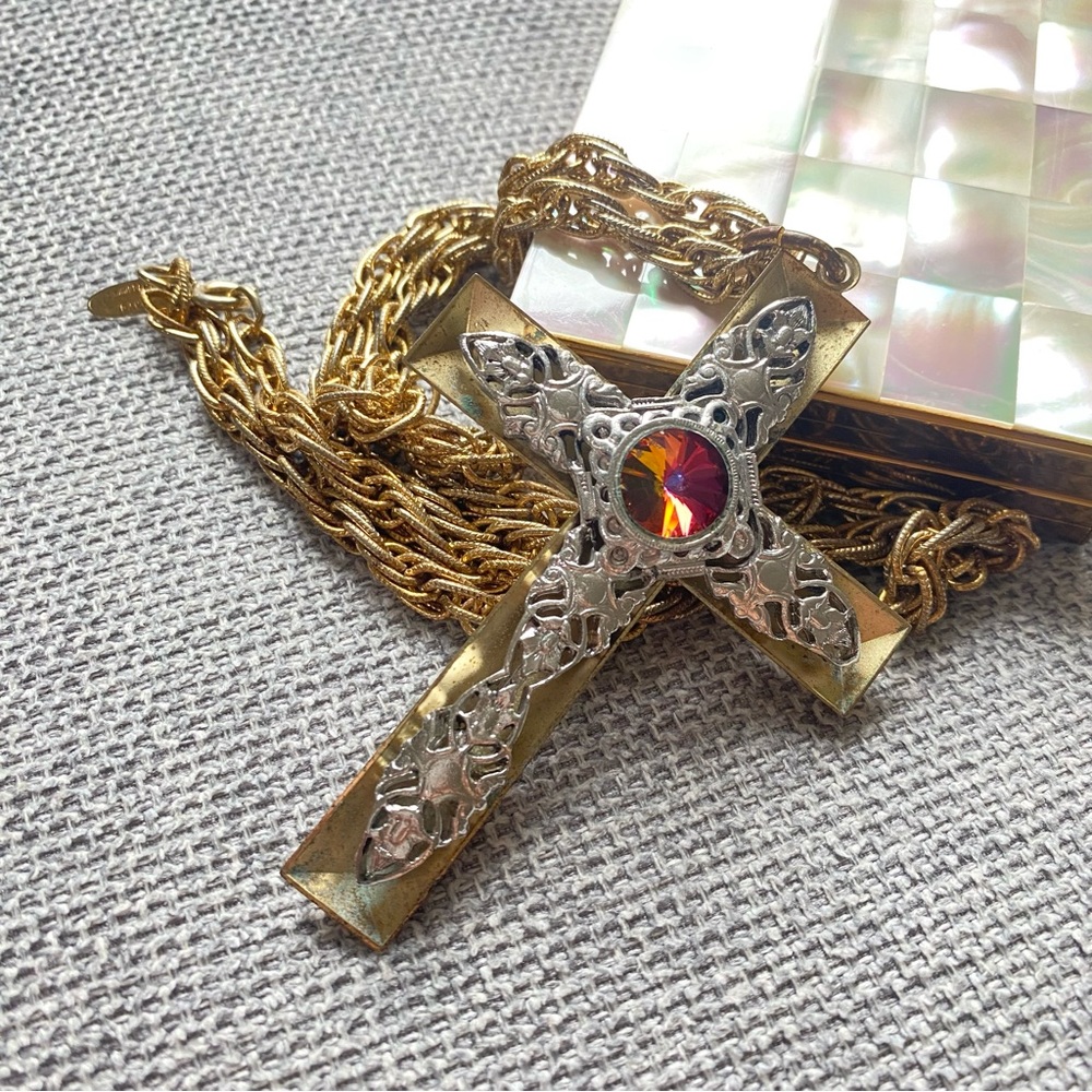 Vintage Whiting & Davis Two-toned Rivoli Cross Necklace